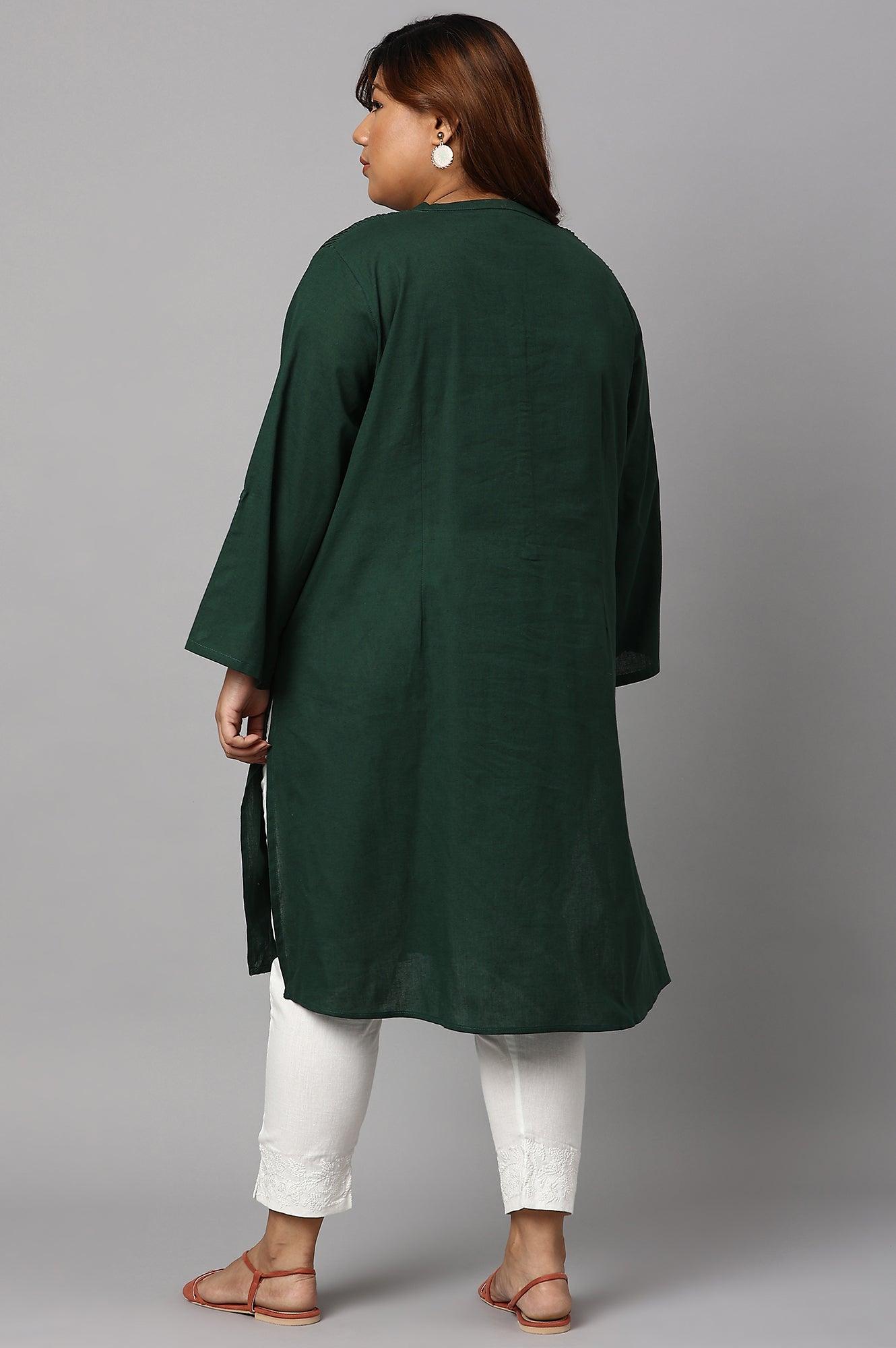 Dark Green Half Placket Plus Size Shirt kurta - wforwoman