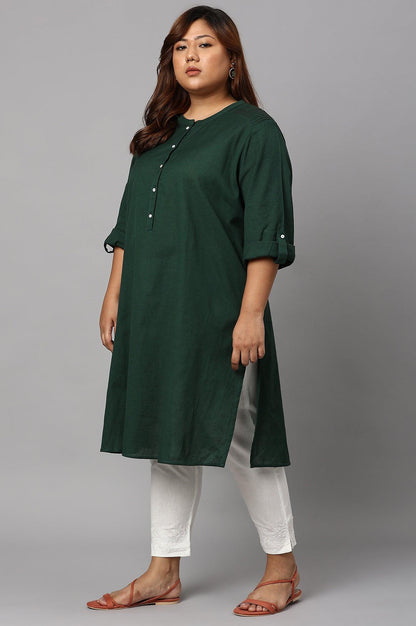 Dark Green Half Placket Plus Size Shirt kurta - wforwoman