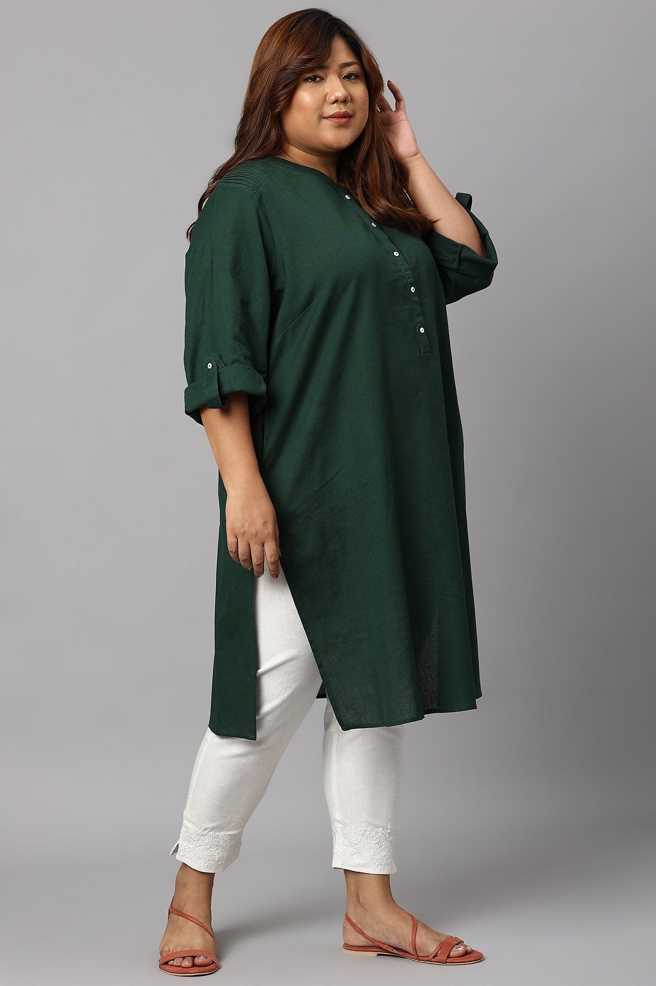 Dark Green Half Placket Plus Size Shirt kurta - wforwoman