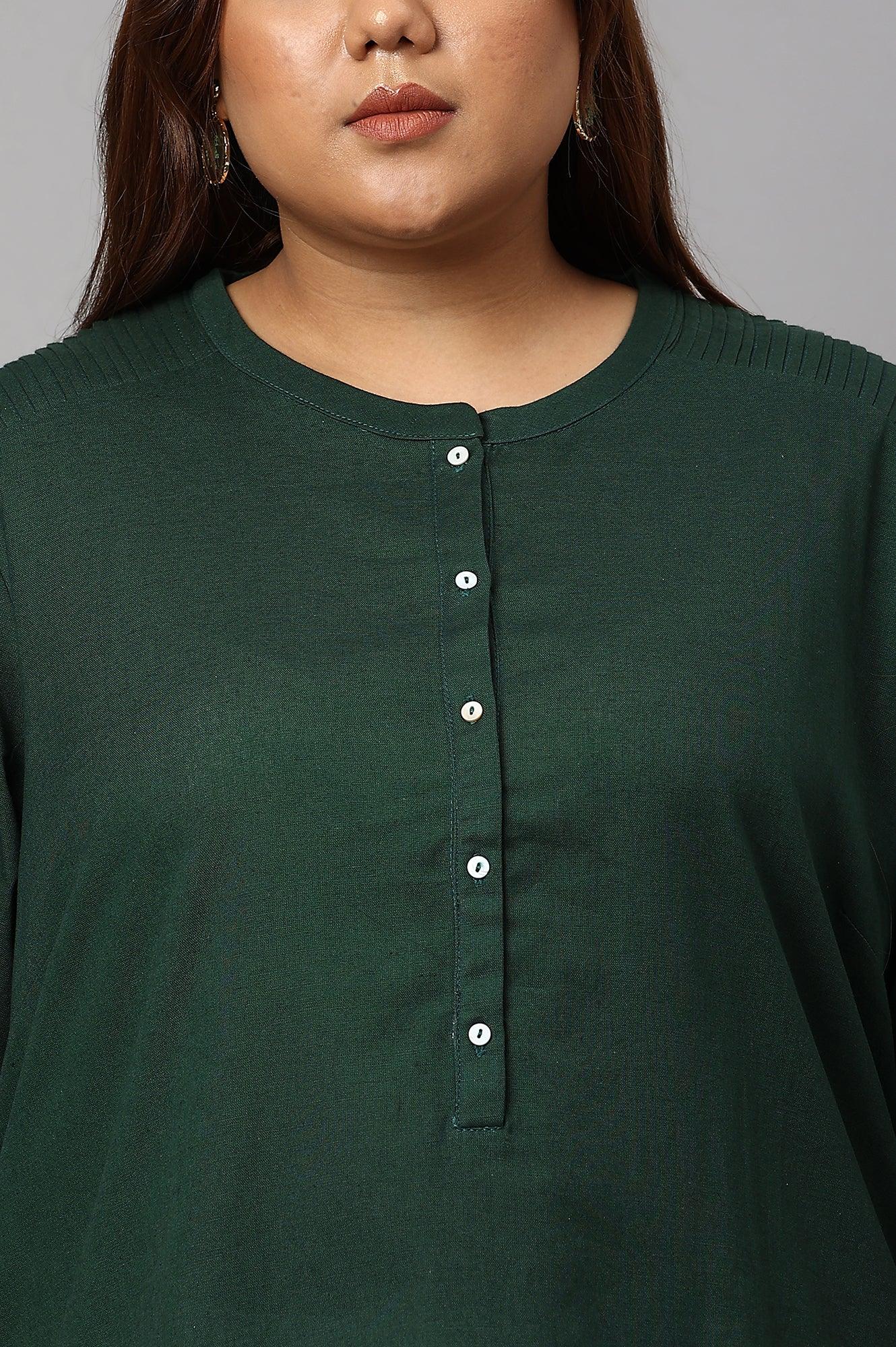 Dark Green Half Placket Plus Size Shirt kurta - wforwoman