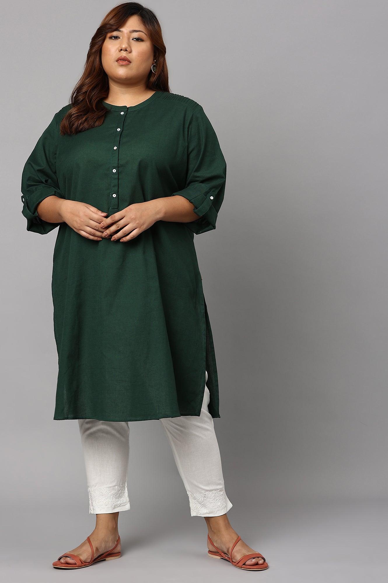 Dark Green Half Placket Plus Size Shirt kurta - wforwoman