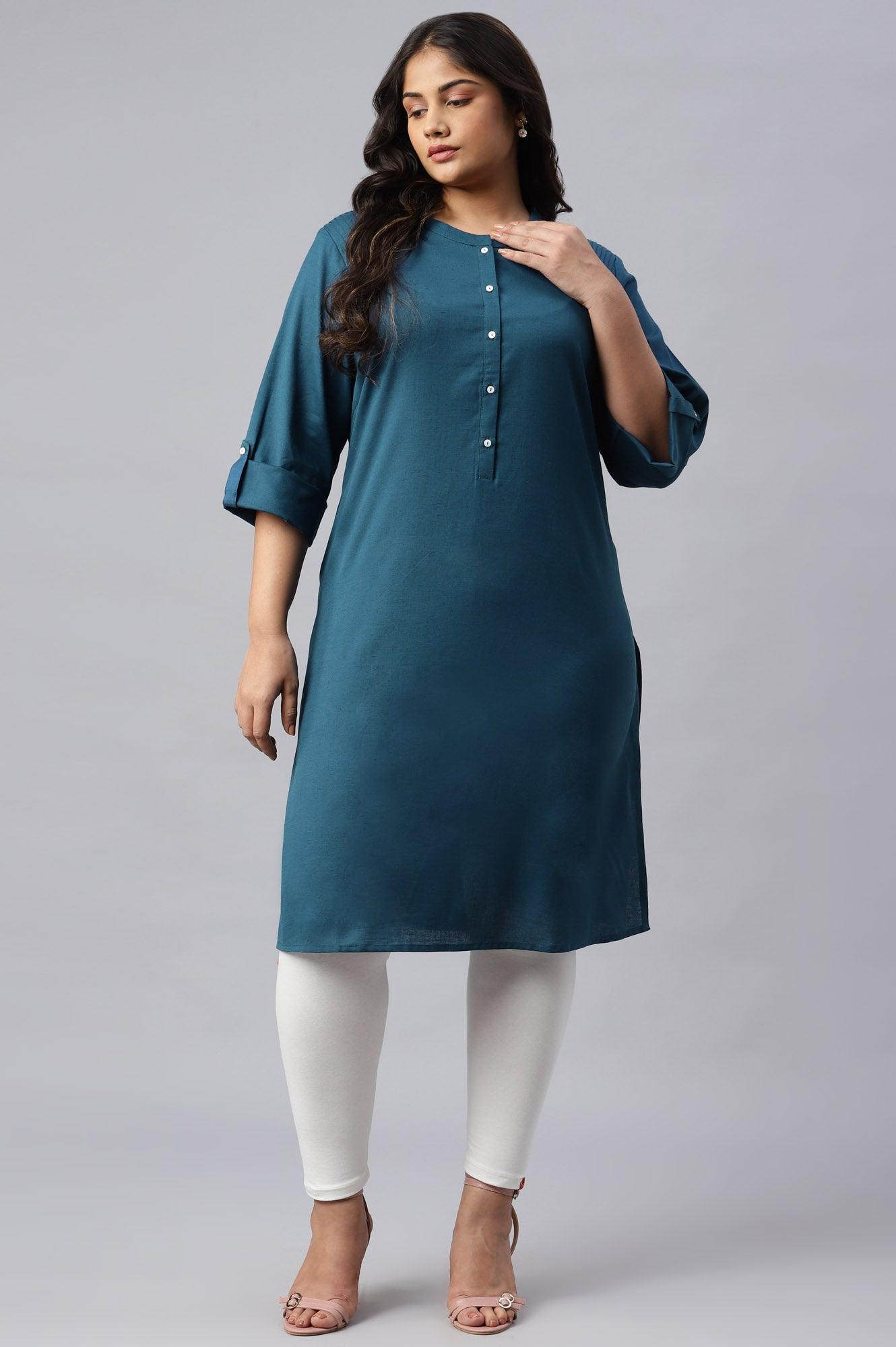 Blue Half Placket Plus Size Shirt kurta - wforwoman