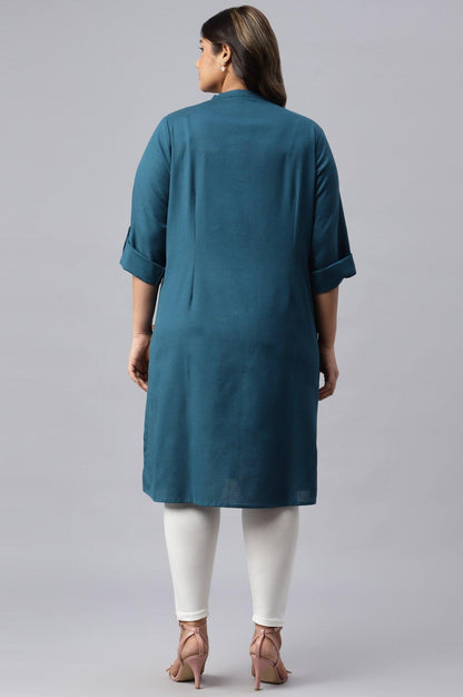 Blue Half Placket Plus Size Shirt kurta - wforwoman