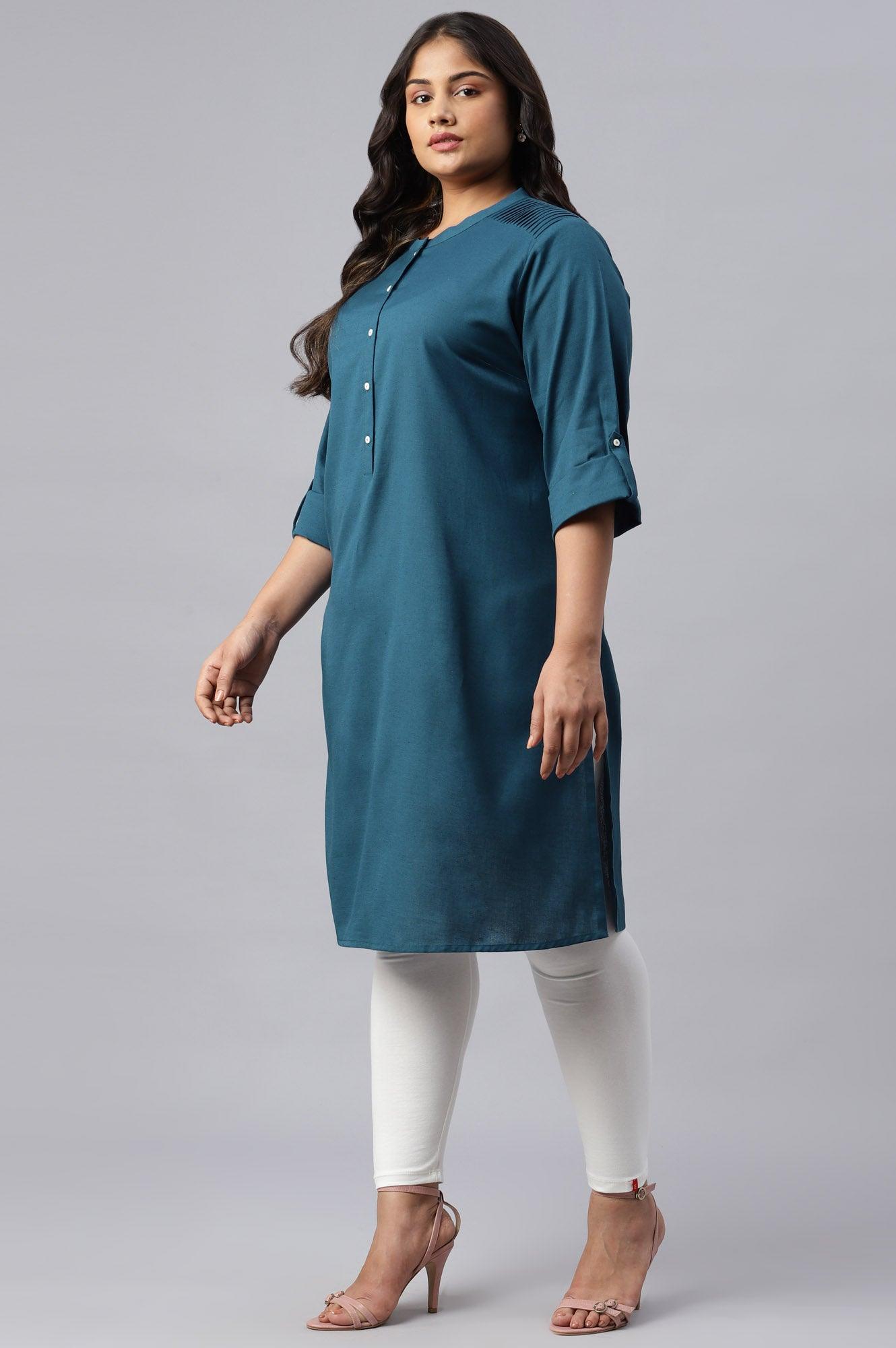 Blue Half Placket Plus Size Shirt kurta - wforwoman