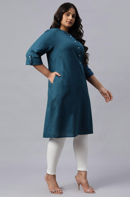 Blue Half Placket Plus Size Shirt kurta - wforwoman