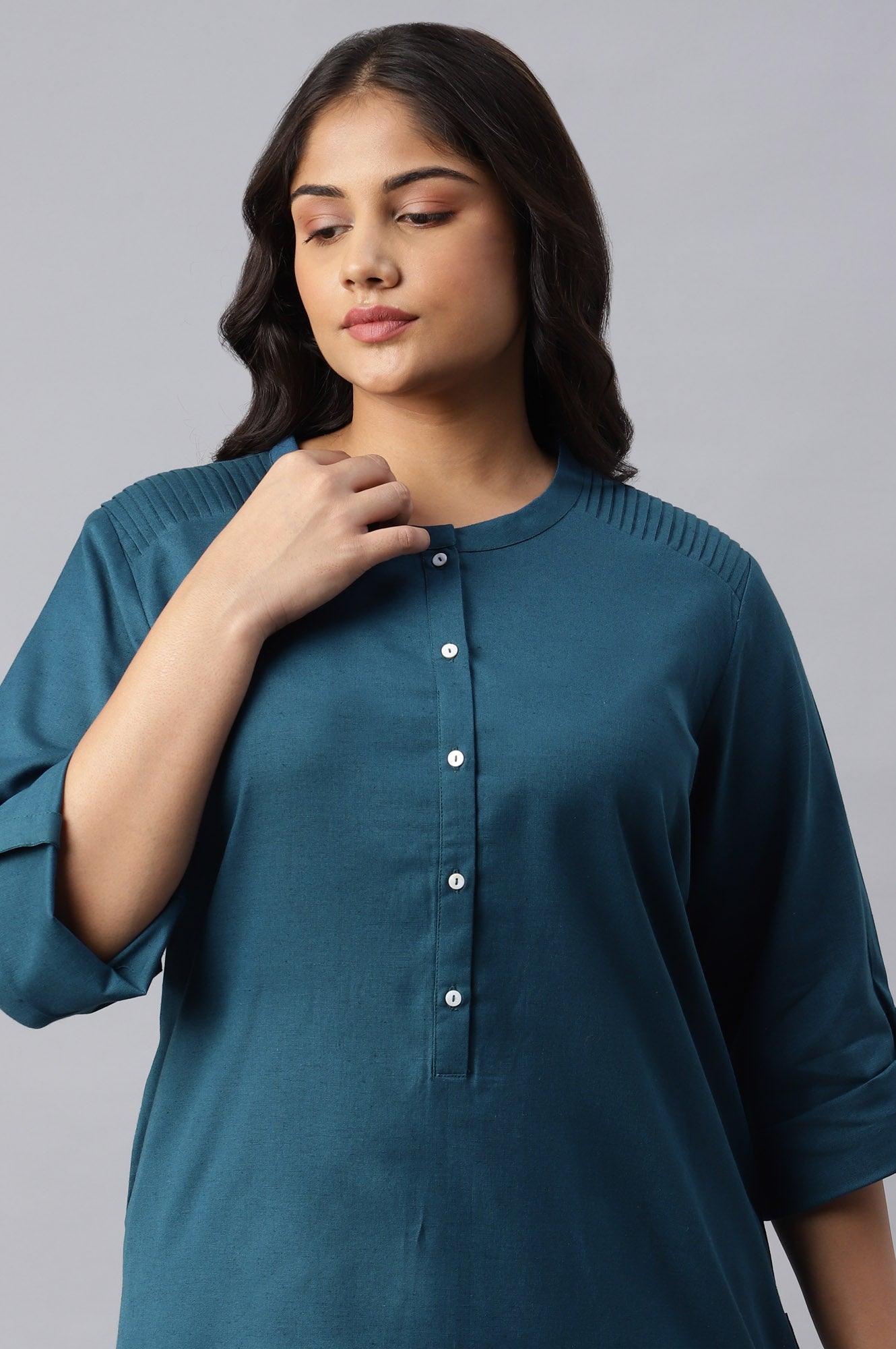 Blue Half Placket Plus Size Shirt kurta - wforwoman