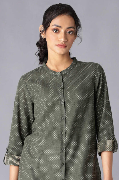 Dark Green Cotton Dobby Textured Shirt - wforwoman