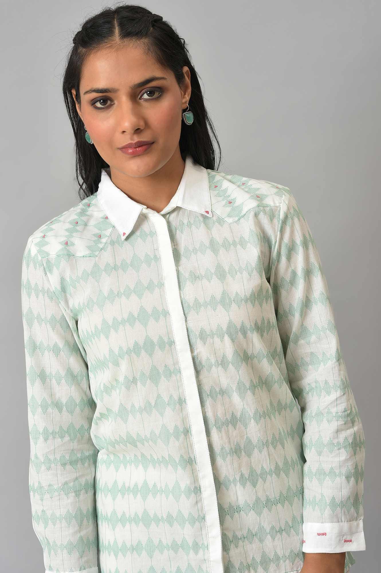 White And Green Dobby Textured Shirt - wforwoman