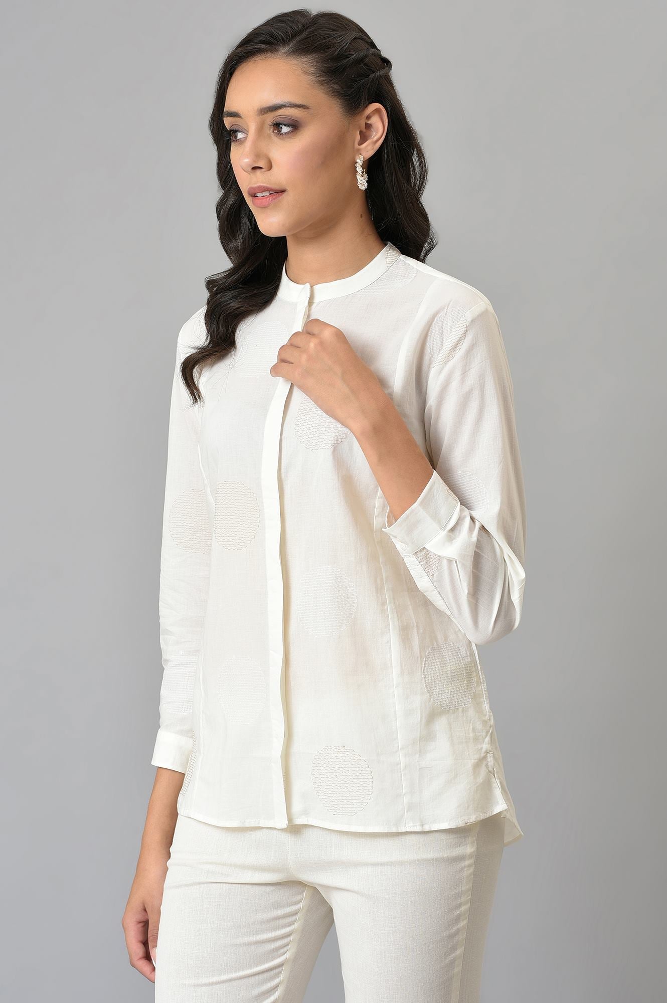 White Thread Embroidered Cotton Shirt