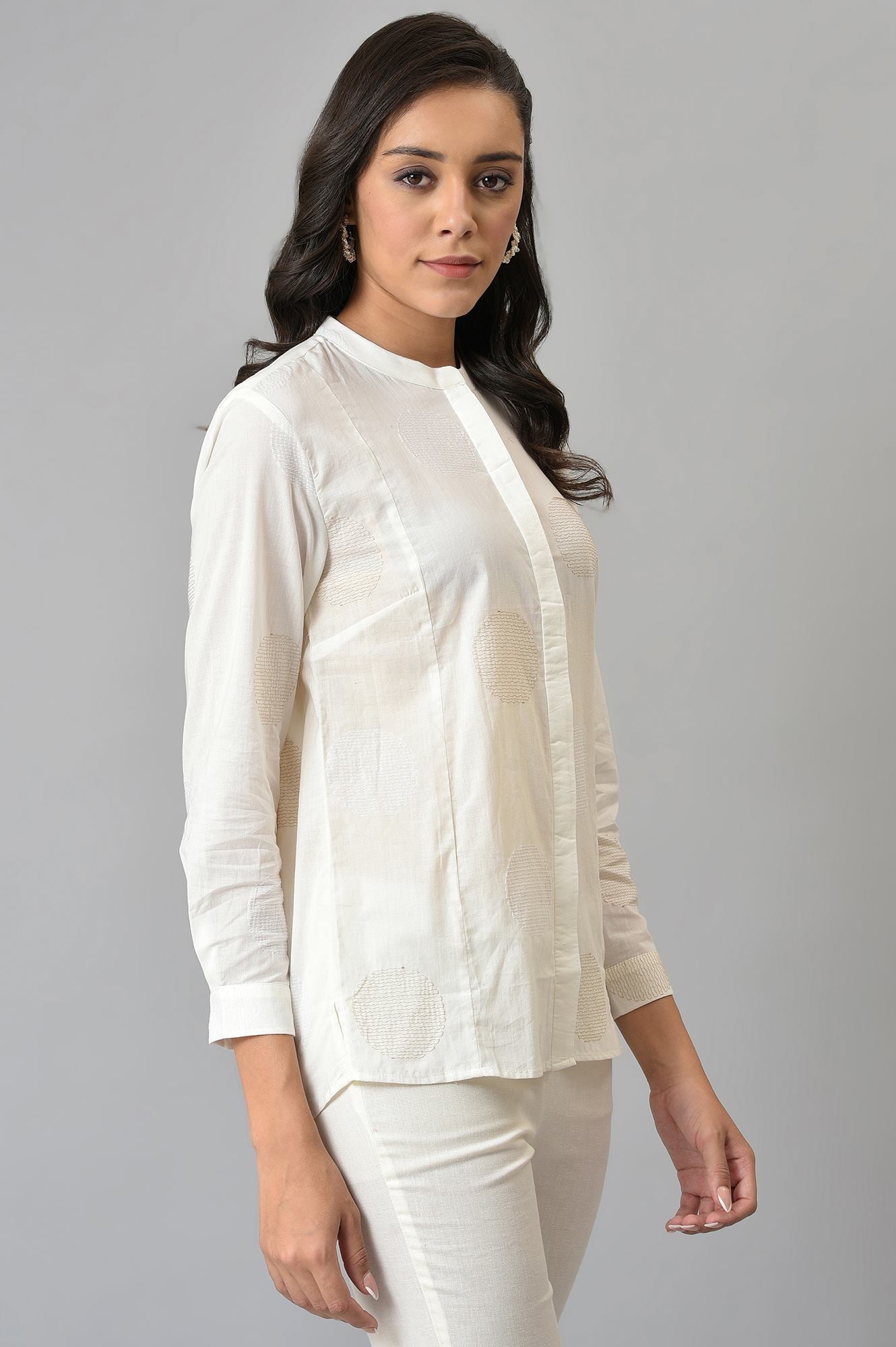 White Thread Embroidered Cotton Shirt