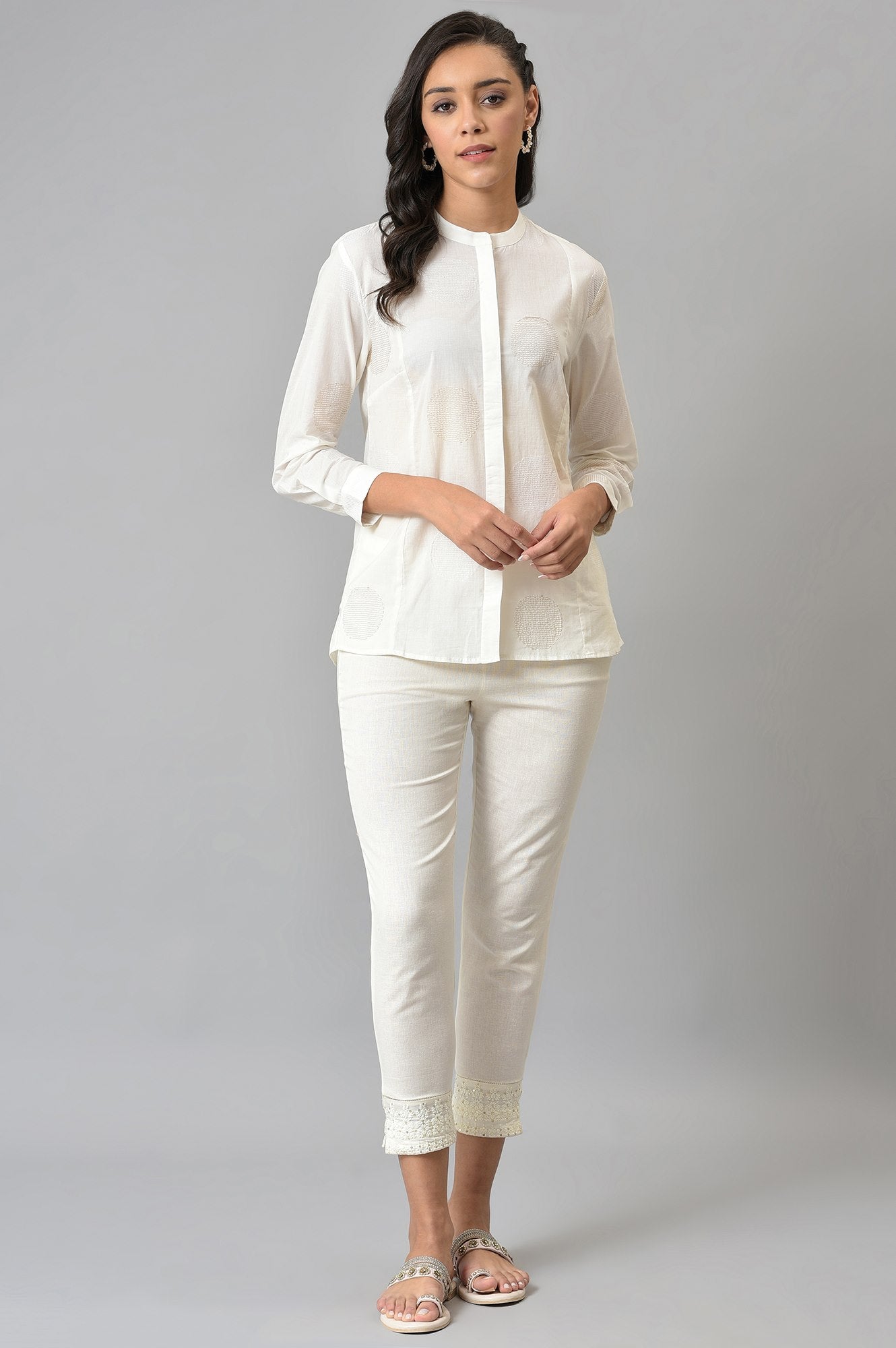 White Thread Embroidered Cotton Shirt