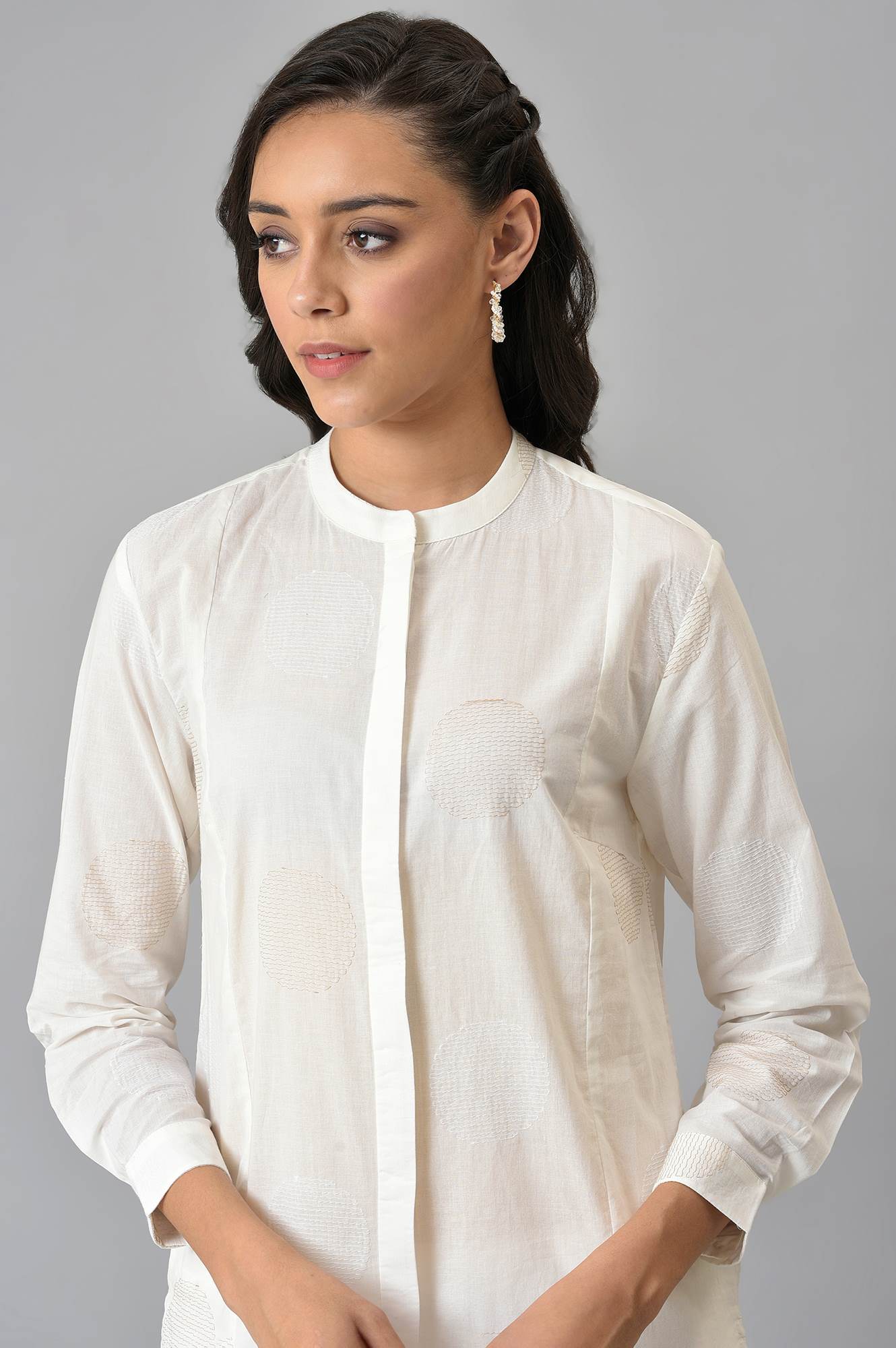 White Thread Embroidered Cotton Shirt