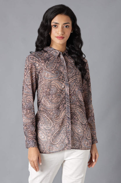 Brown Paisley Print Georgette Shirt