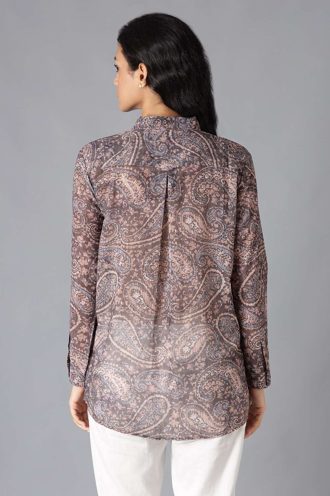 Brown Paisley Print Georgette Shirt