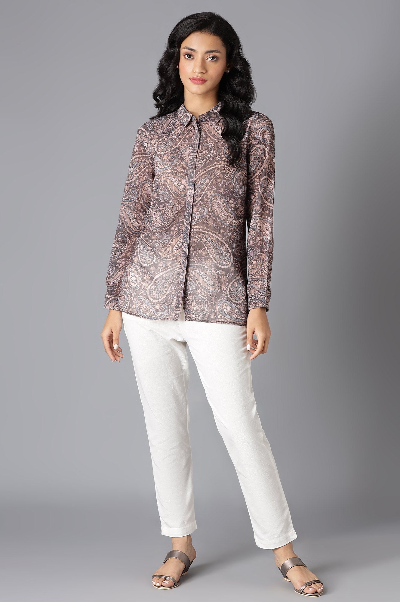 Brown Paisley Print Georgette Shirt