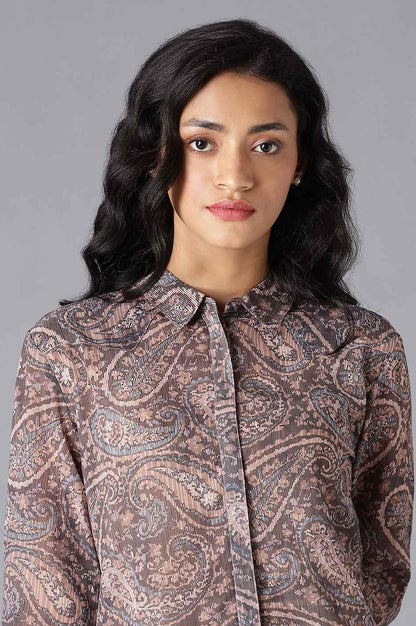 Brown Paisley Print Georgette Shirt