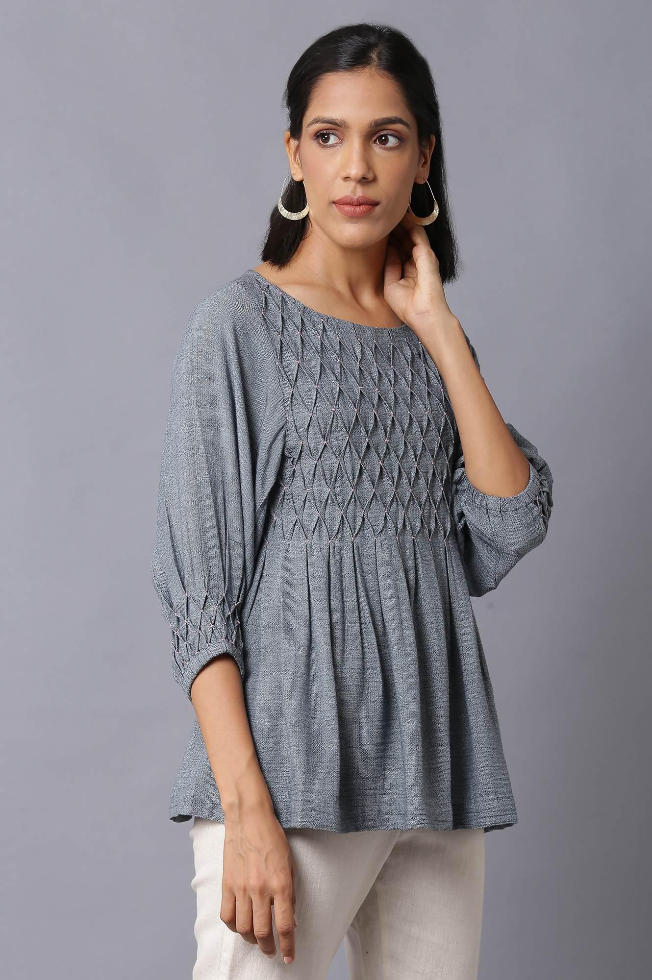 Dark Blue Gathered Top With Smocked Detail - wforwoman