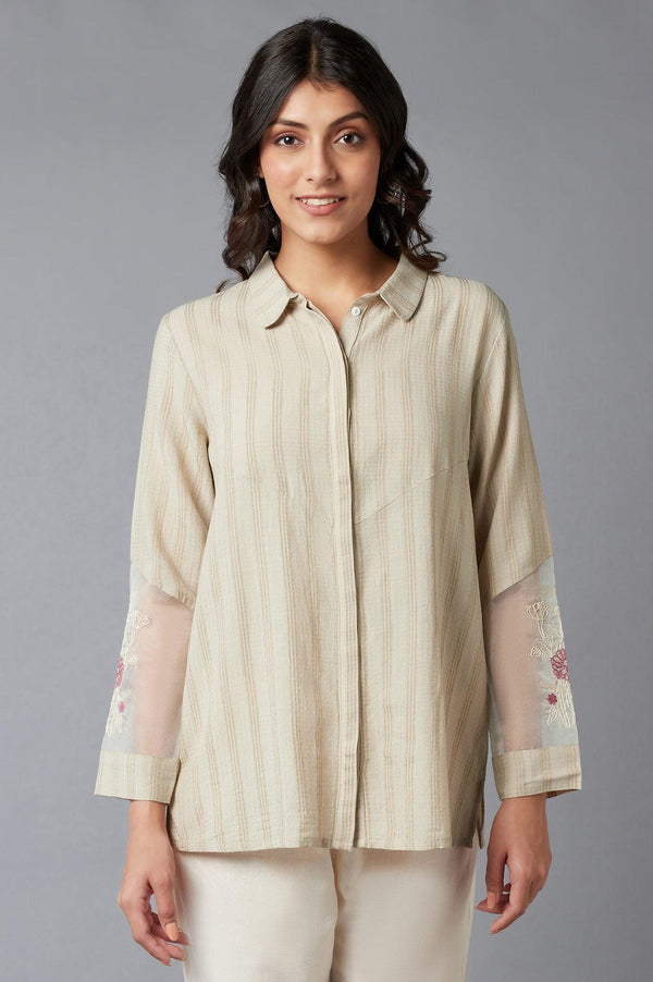 Beige Textured Shirt With Embroidered Sleeves
