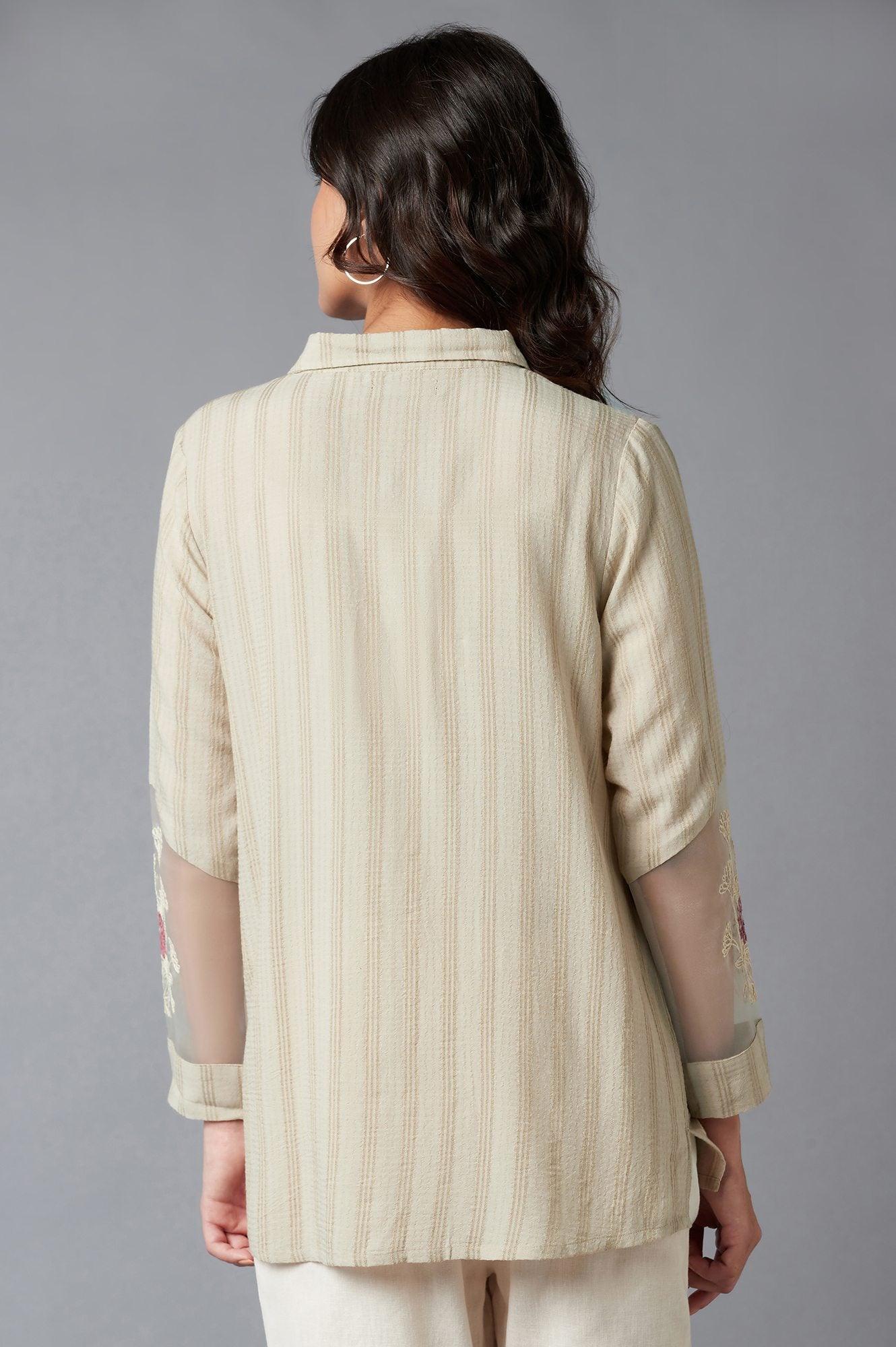 Beige Textured Shirt With Embroidered Sleeves - wforwoman
