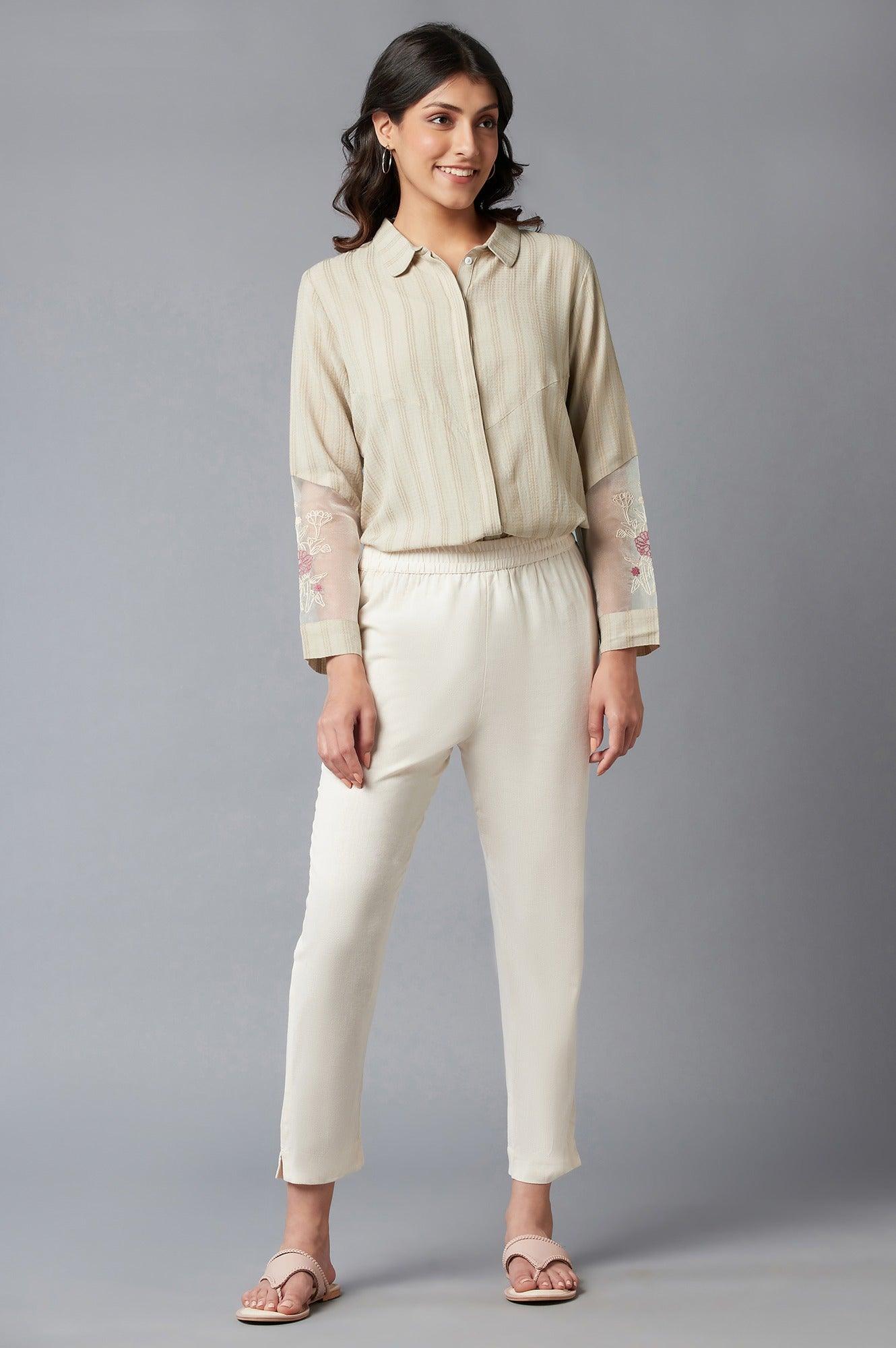 Beige Textured Shirt With Embroidered Sleeves - wforwoman
