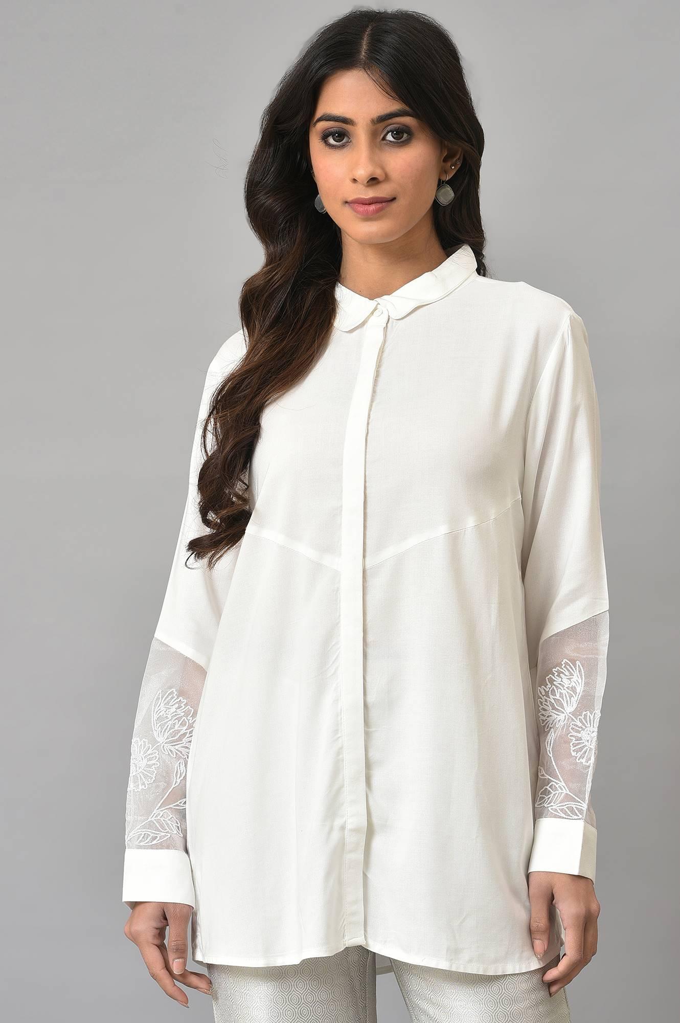White Panelled Shirt With Embroidered Organza Sleeves - wforwoman