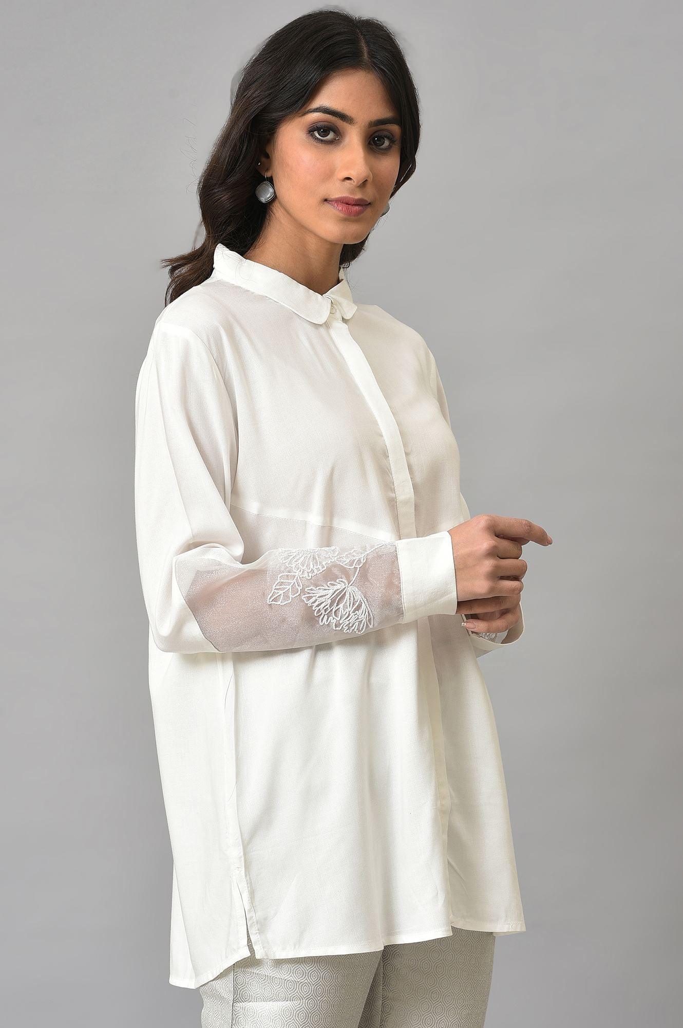 White Panelled Shirt With Embroidered Organza Sleeves - wforwoman