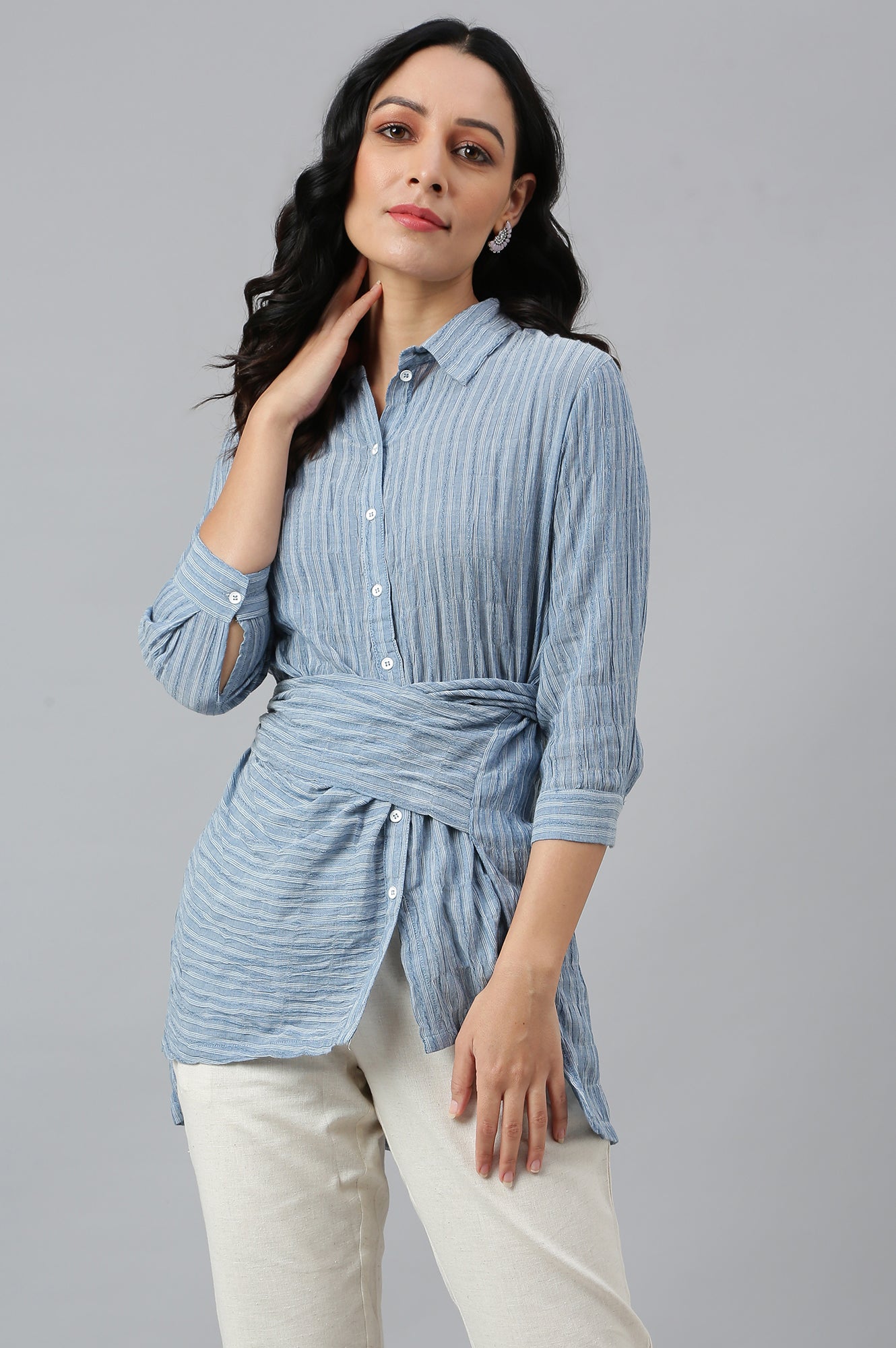 Light Blue Cotton Stripes Shirt With Front Knot