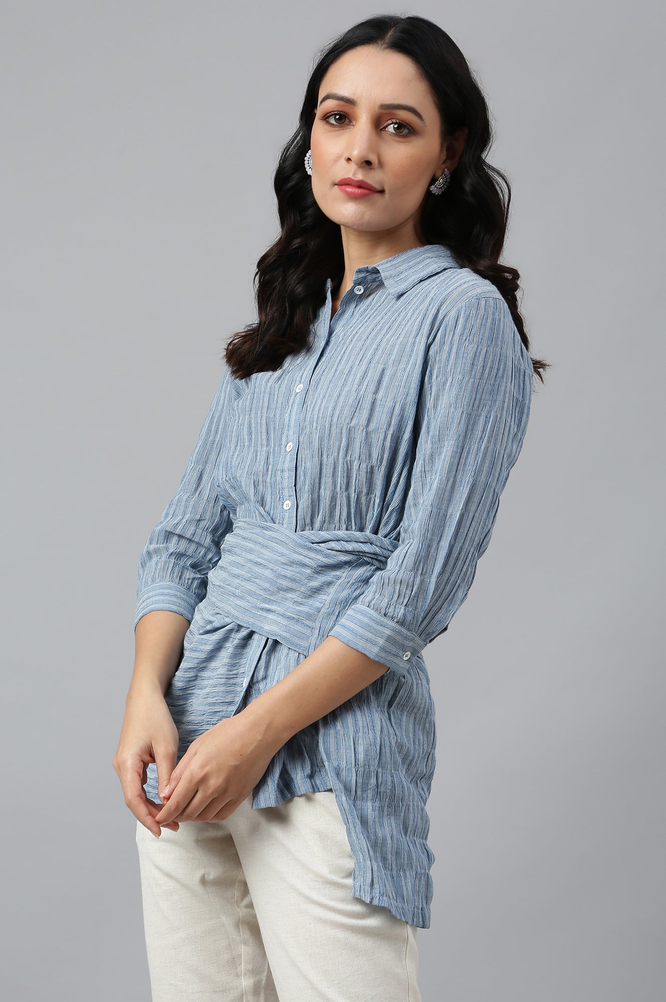 Light Blue Cotton Stripes Shirt With Front Knot