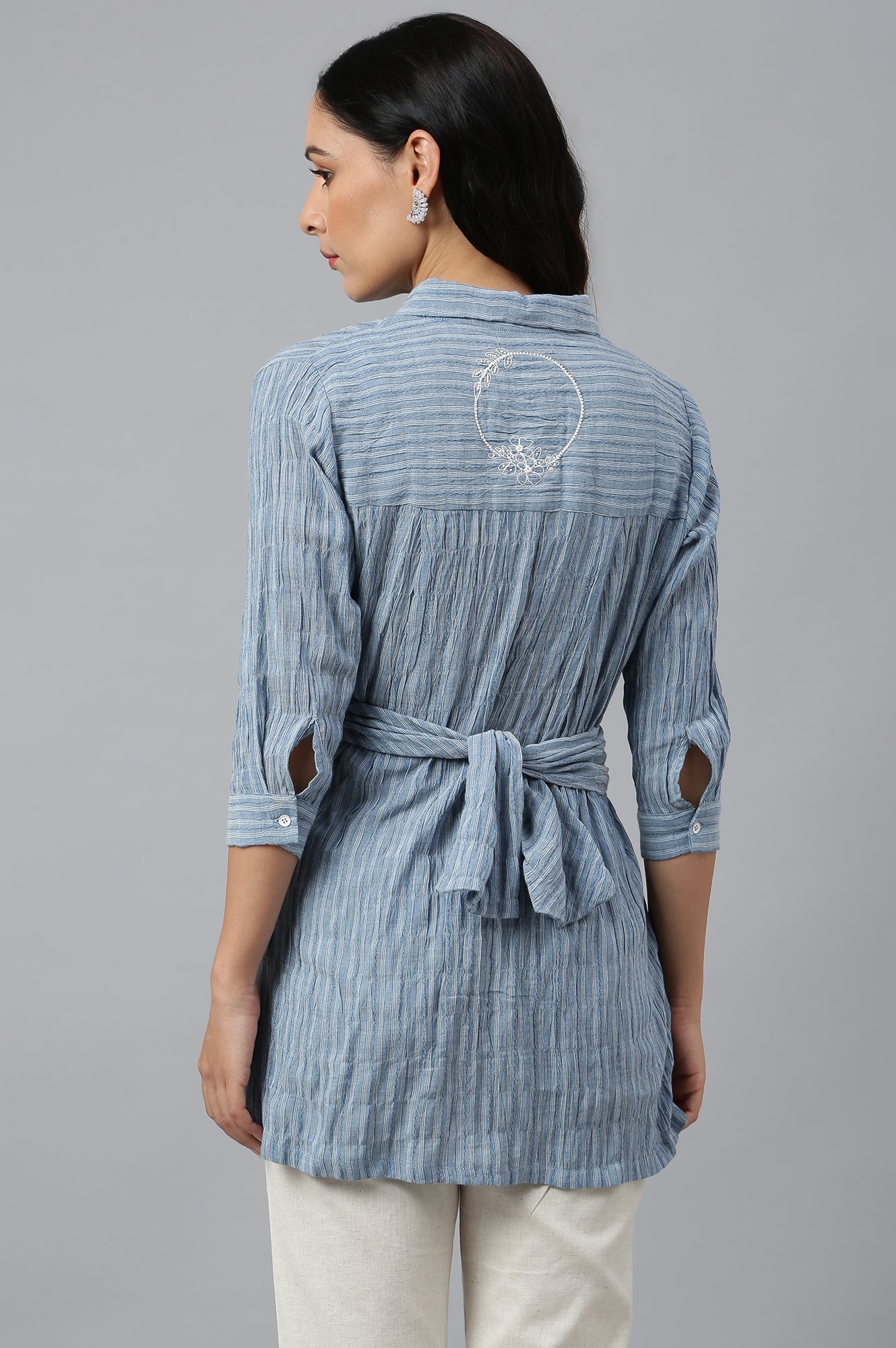 Light Blue Cotton Stripes Shirt With Front Knot