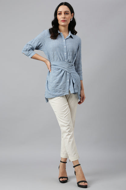 Light Blue Cotton Stripes Shirt With Front Knot