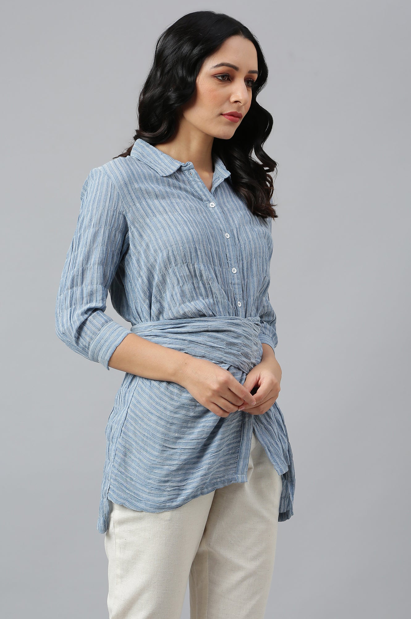 Light Blue Cotton Stripes Shirt With Front Knot