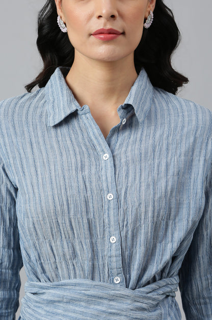 Light Blue Cotton Stripes Shirt With Front Knot