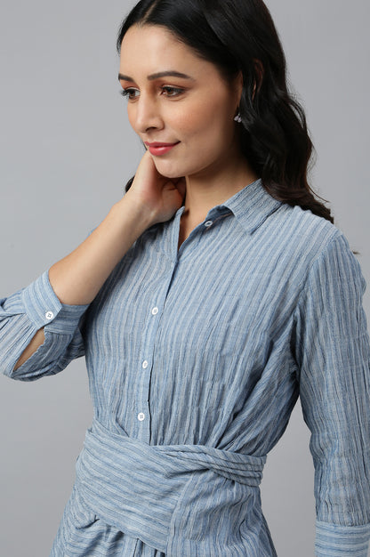 Light Blue Cotton Stripes Shirt With Front Knot