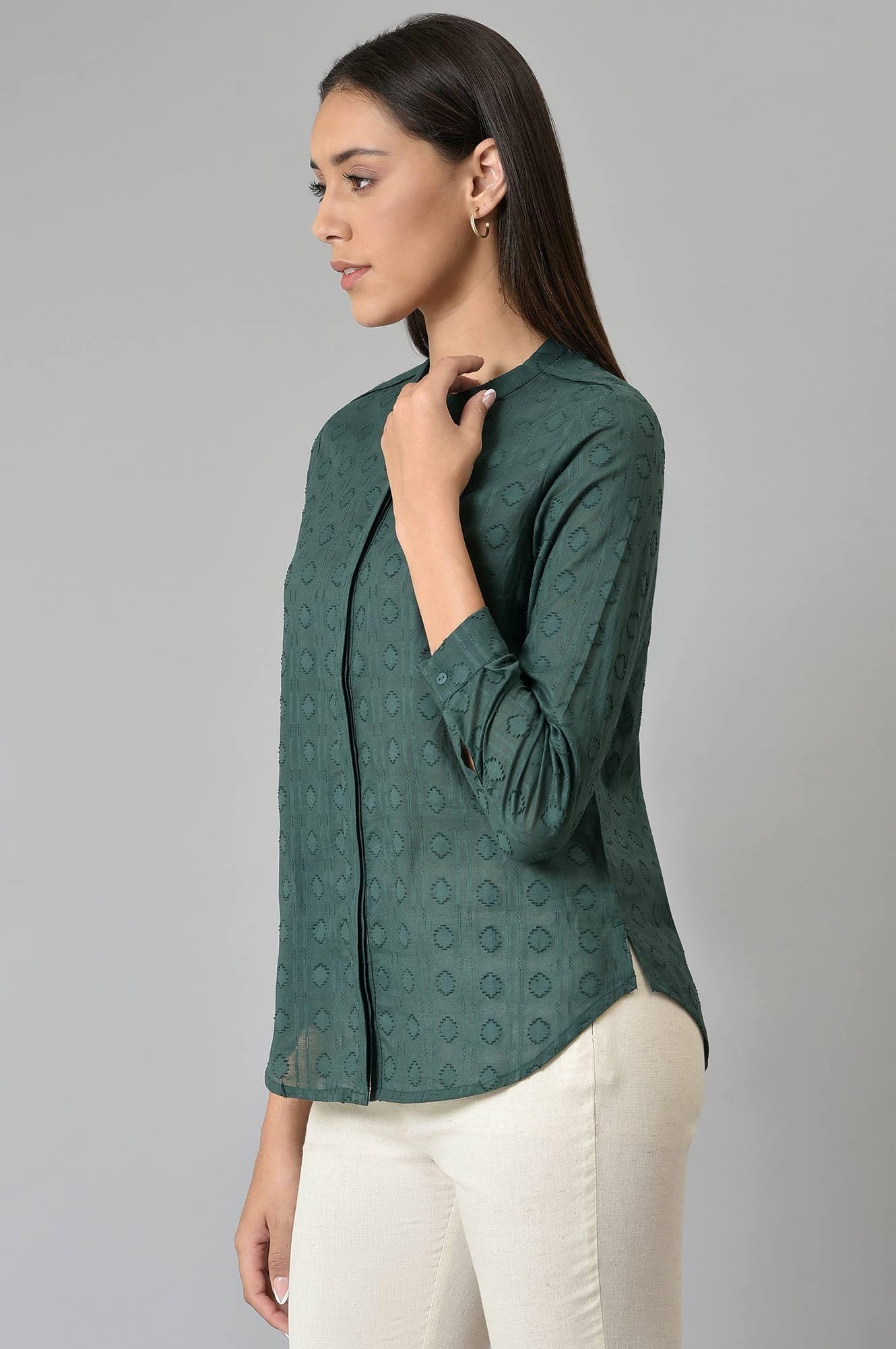 Dark Green Cotton Dobby Textured Shirt In Mandarin Collar - wforwoman
