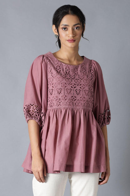 Pink Gathered Schiffli Top In Round Neck - wforwoman