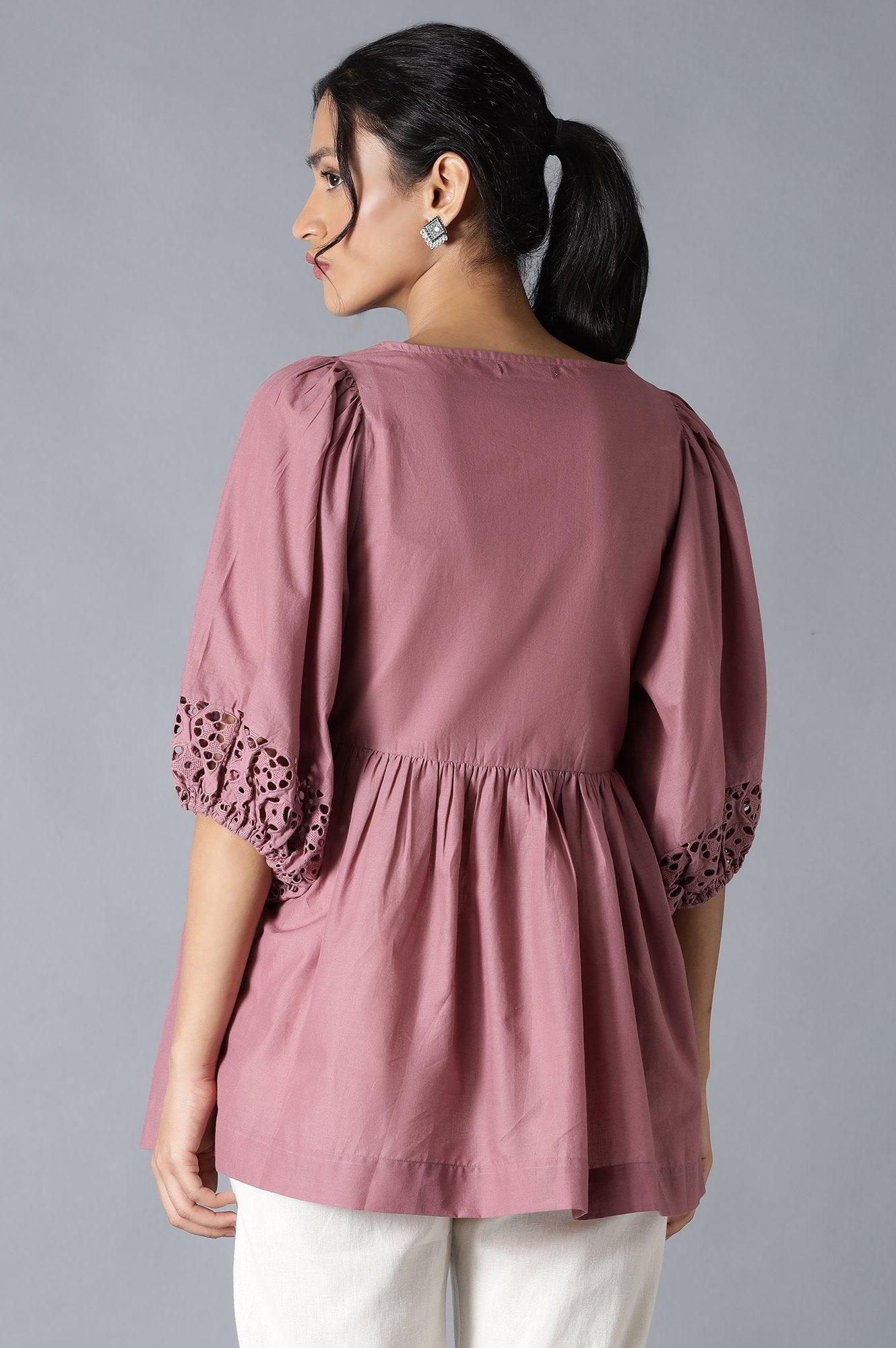 Pink Gathered Schiffli Top In Round Neck - wforwoman