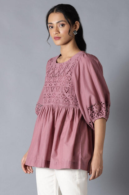 Pink Gathered Schiffli Top In Round Neck - wforwoman