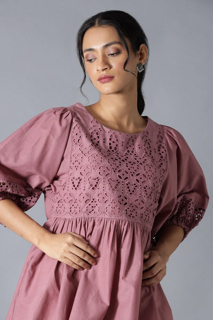 Pink Gathered Schiffli Top In Round Neck - wforwoman