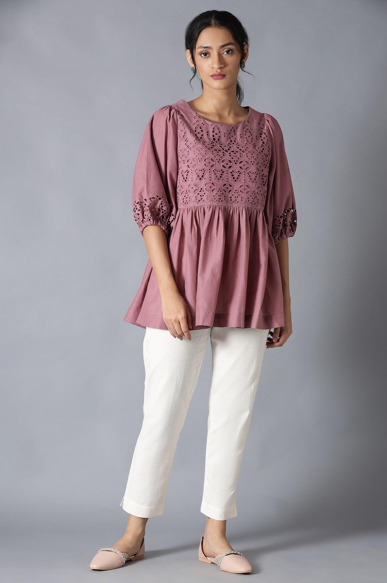 Pink Gathered Schiffli Top In Round Neck - wforwoman