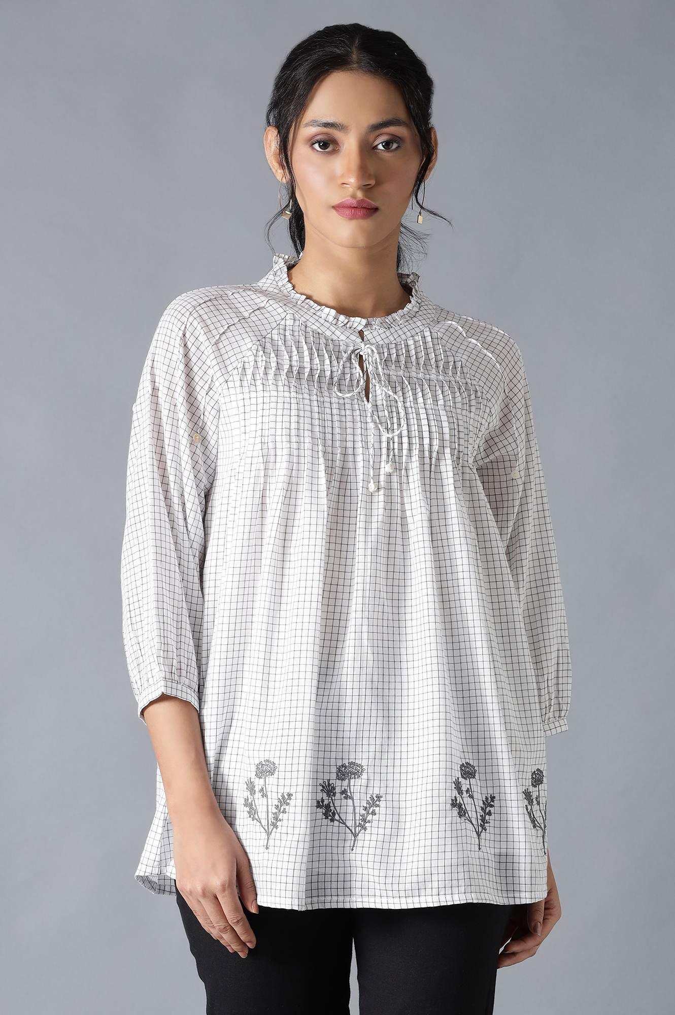 Ecru Cotton Dobby Top With Neck Tie And Embroidery - wforwoman