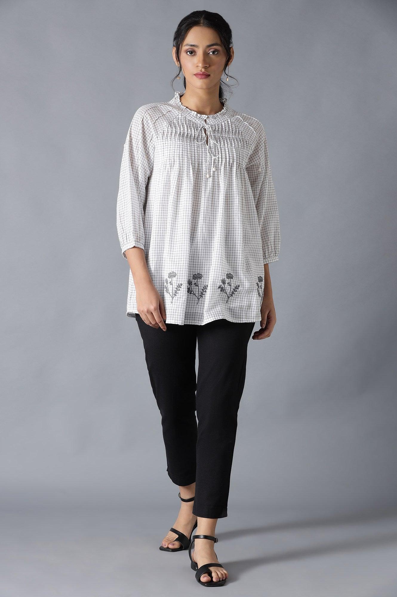 Ecru Cotton Dobby Top With Neck Tie And Embroidery - wforwoman
