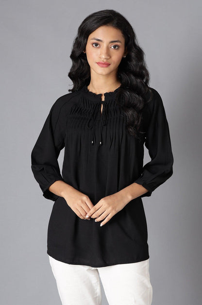 Black A-Line Pleated Top With Tie-Up Neck - wforwoman