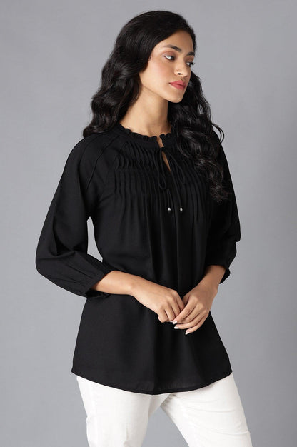 Black A-Line Pleated Top With Tie-Up Neck - wforwoman