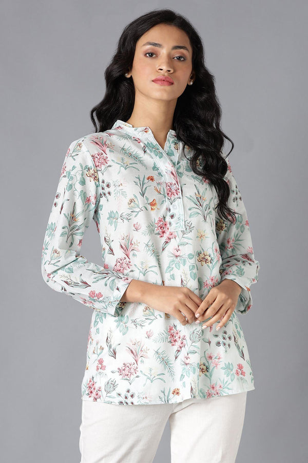 Light Green Textured Cotton Shirt In Mandarin Collar