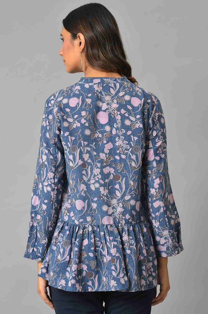 Blue Floral Print Cotton Top In Mandarin Collar