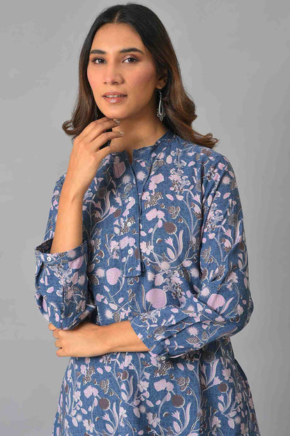 Blue Floral Print Cotton Top In Mandarin Collar
