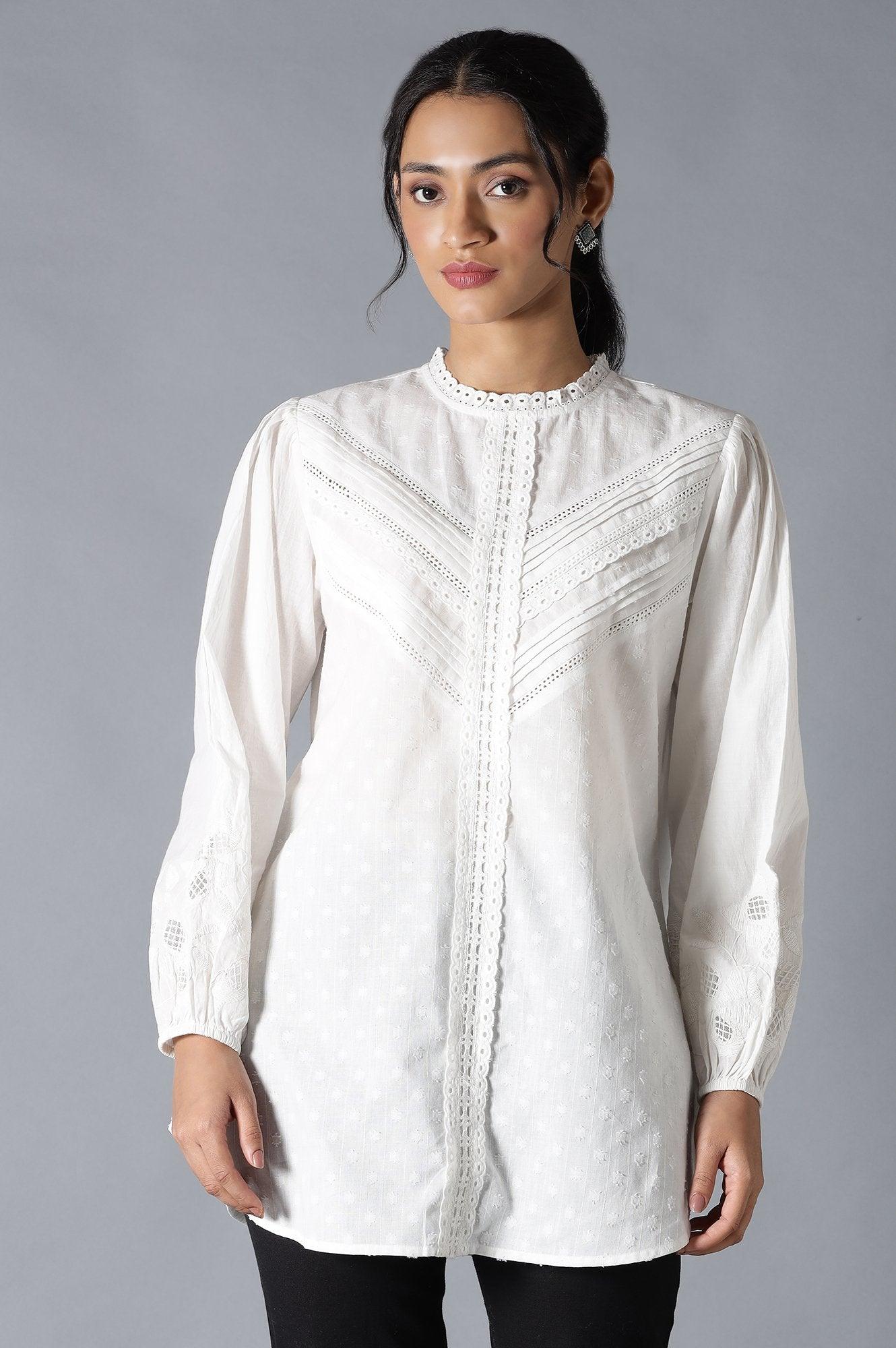 White Top With Lace And Applique Embroidered Sleeves - wforwoman