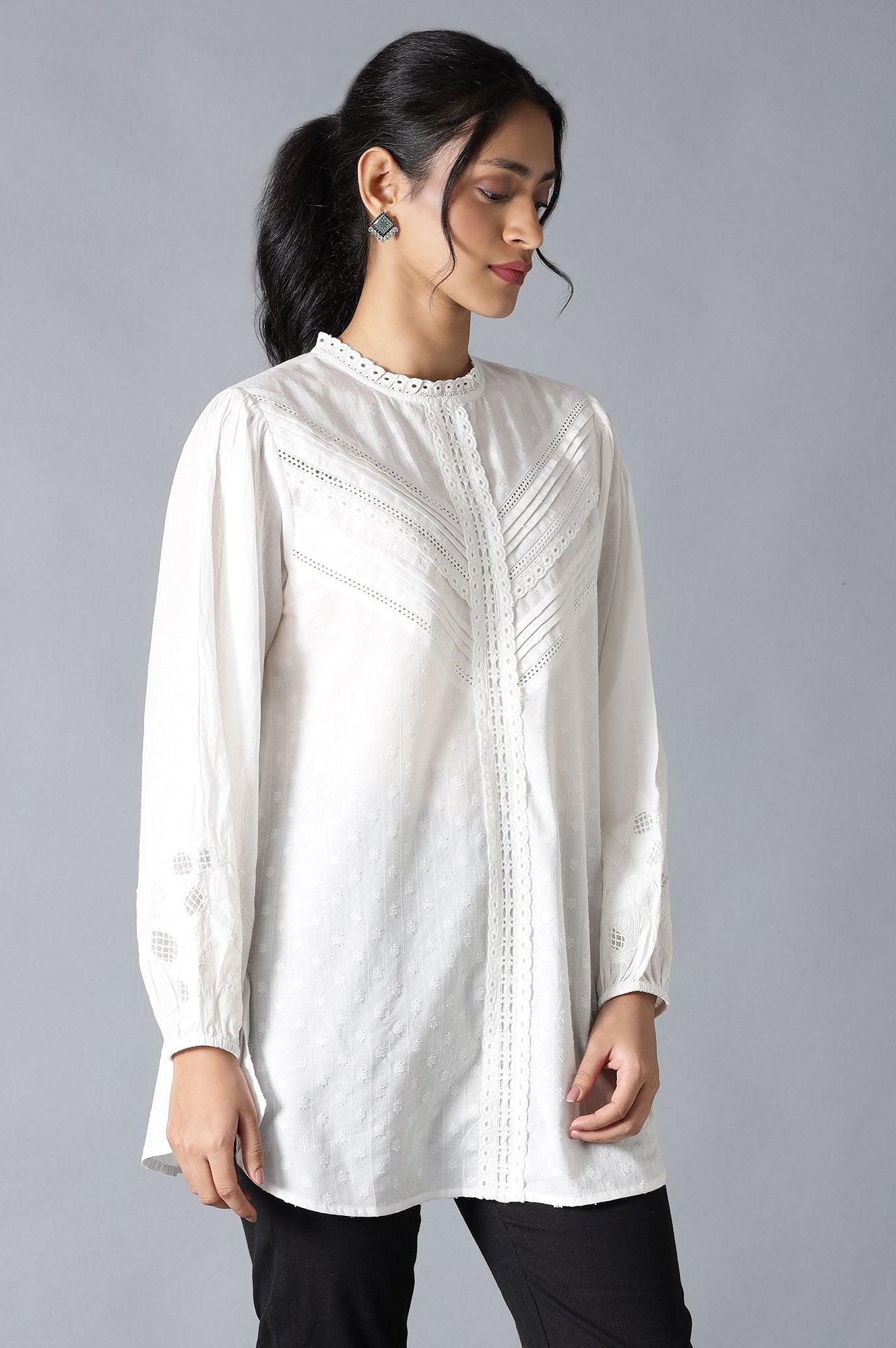 White Top With Lace And Applique Embroidered Sleeves - wforwoman