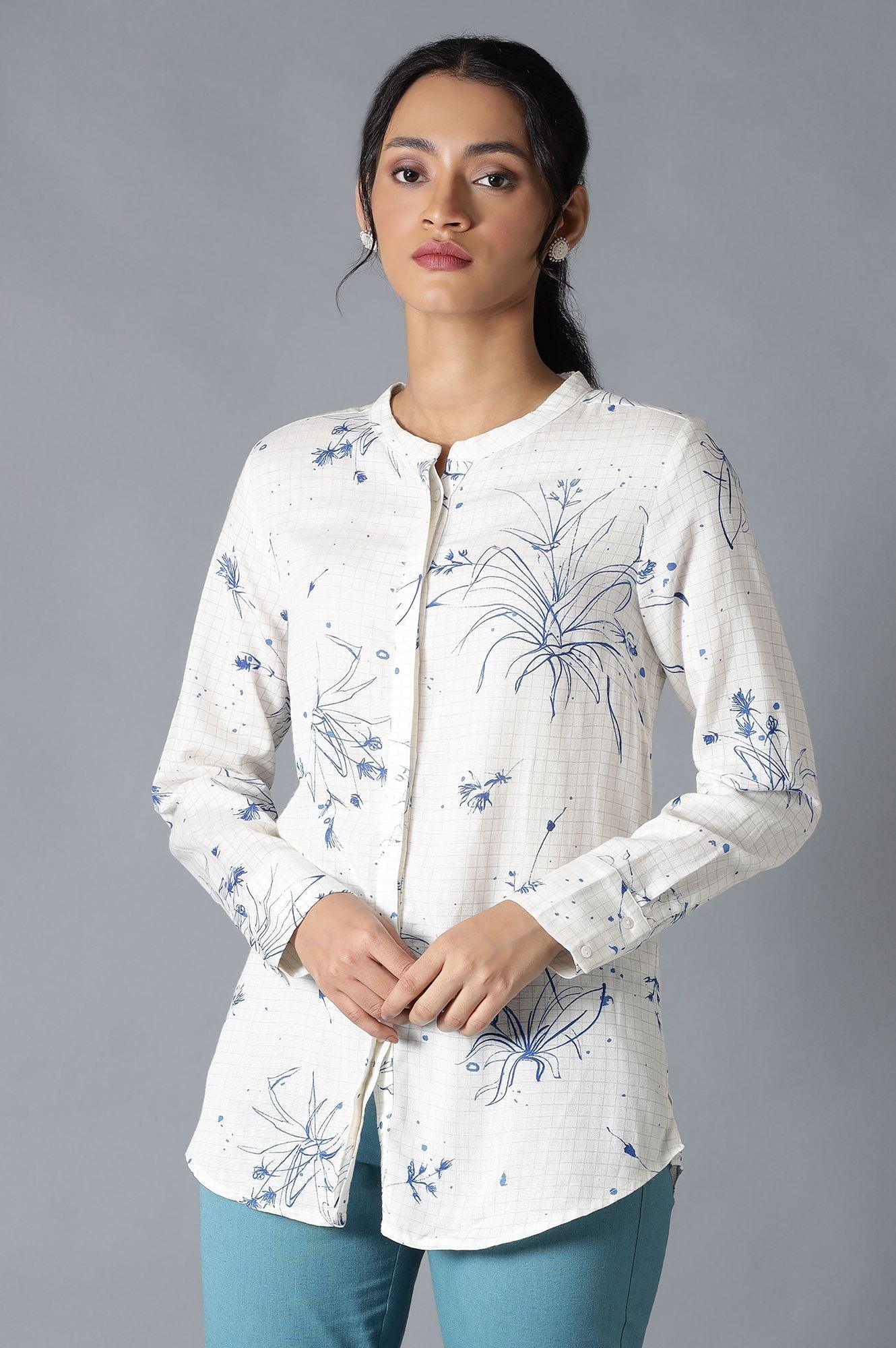 Ecru And Blue Floral Print Shirt - wforwoman