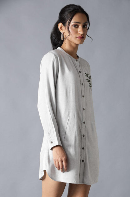 Light Grey Yarn-Dyed Tunic With Thread Embroidery In Mandarin Neck - wforwoman